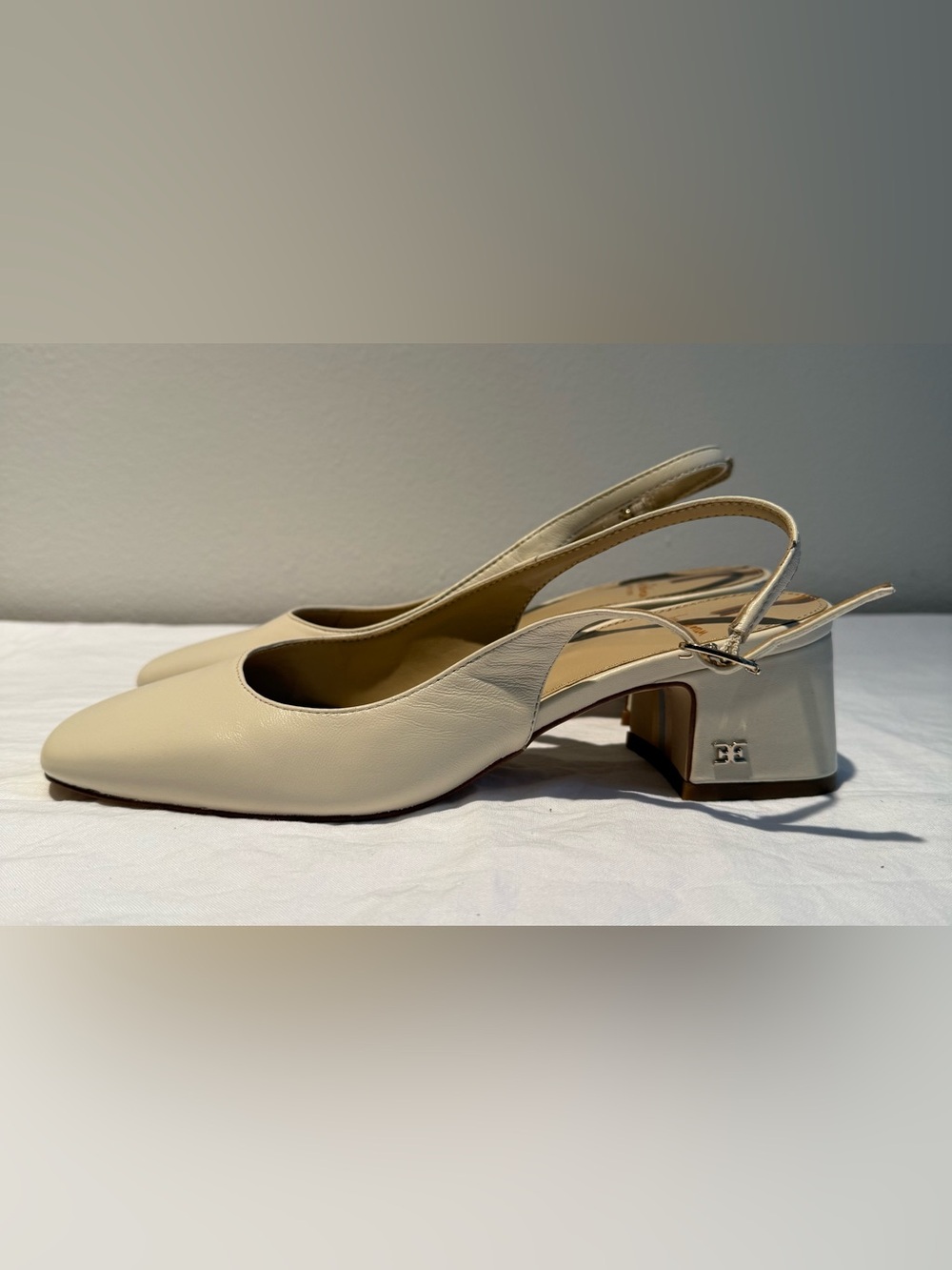 Sam Edelman Leather Cream Slingback Block Heels Sz 5.5 Ivory Square Toe Pumps - Picture 2 of 13